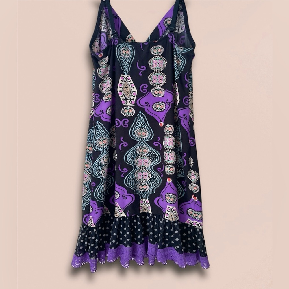 VTG California Dynasty 70s Hippie Polka Dot Pattern Dress Slip in Purple & Black - Picture 5 of 10